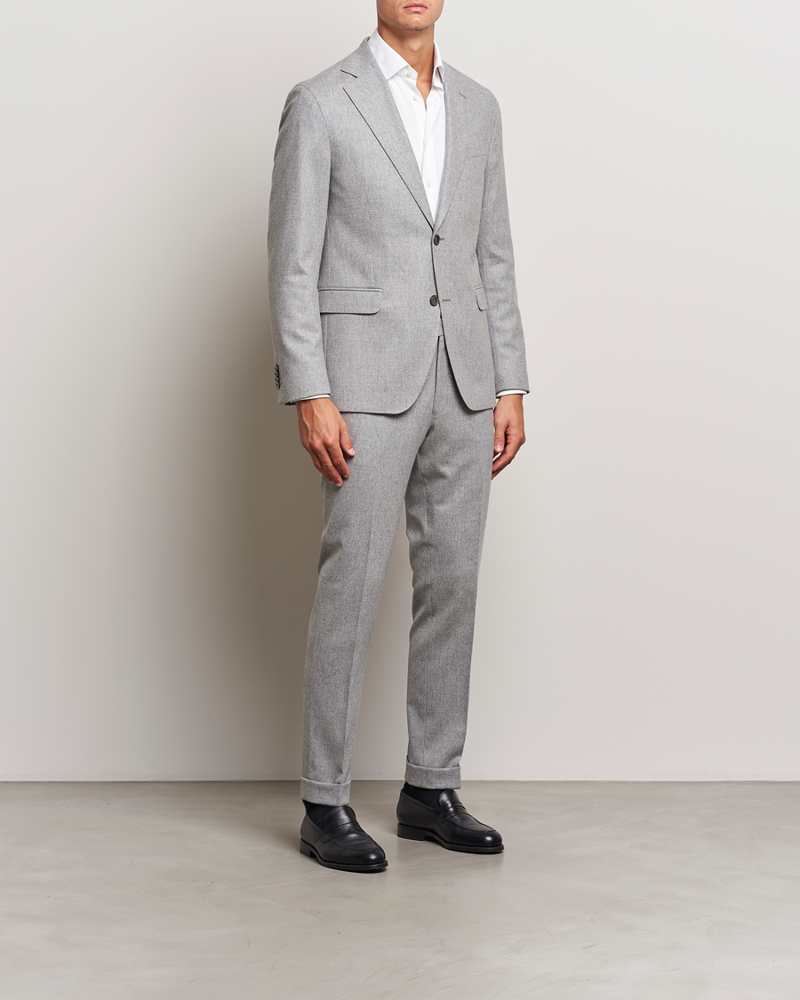 Hombres | Pantalones | Oscar Jacobson | Denz Turn Up Flannel Trousers Light Grey Melang