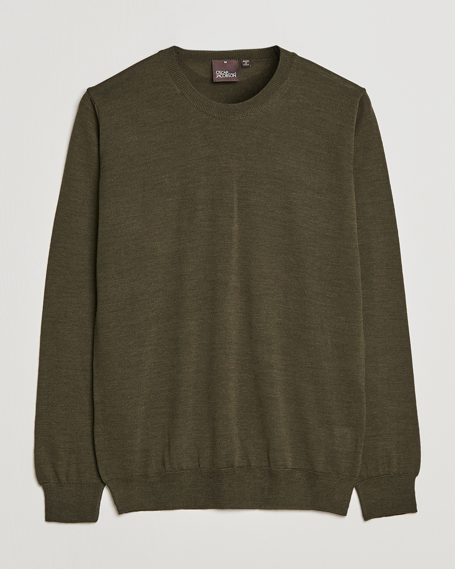 Hombres | Jerséis y prendas de punto | Oscar Jacobson | Custer Extra Fine Merino Crew Neck Green