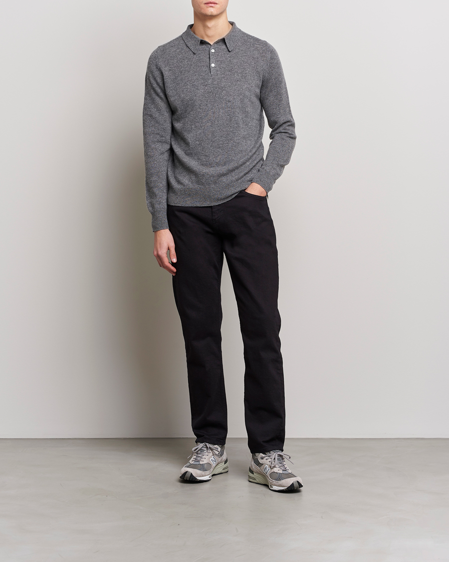 Hombres | Jerséis y prendas de punto | People's Republic of Cashmere | Cashmere Long Sleeve Polo Heather Grey