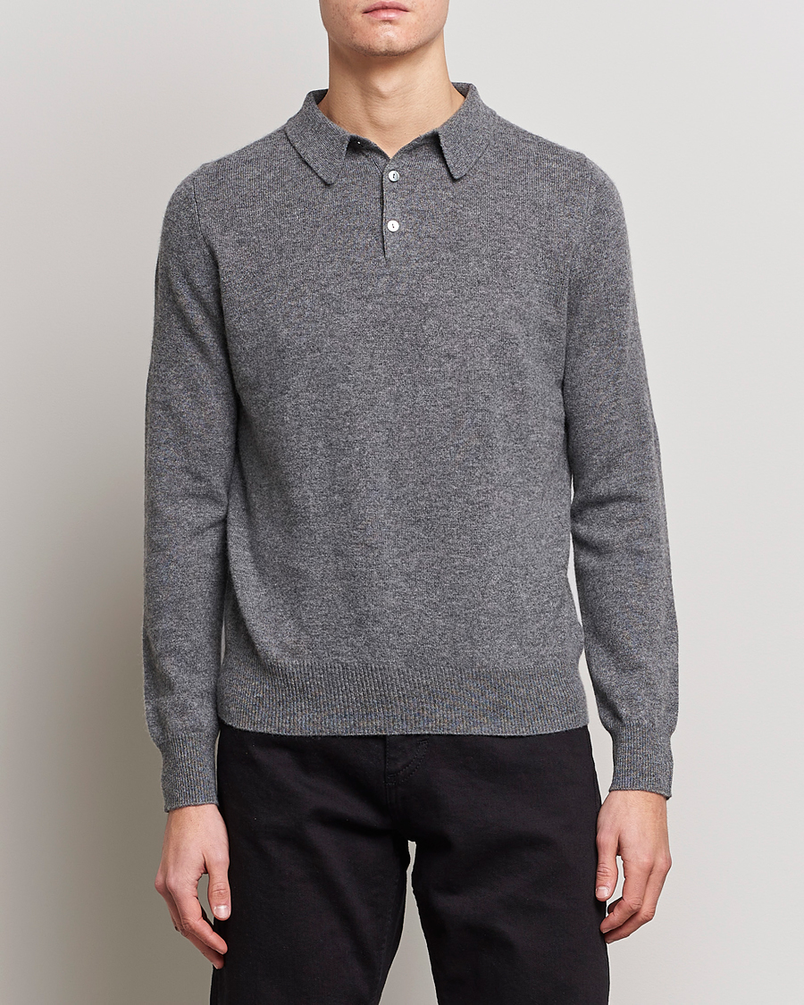 Hombres | Jerséis y prendas de punto | People's Republic of Cashmere | Cashmere Long Sleeve Polo Heather Grey