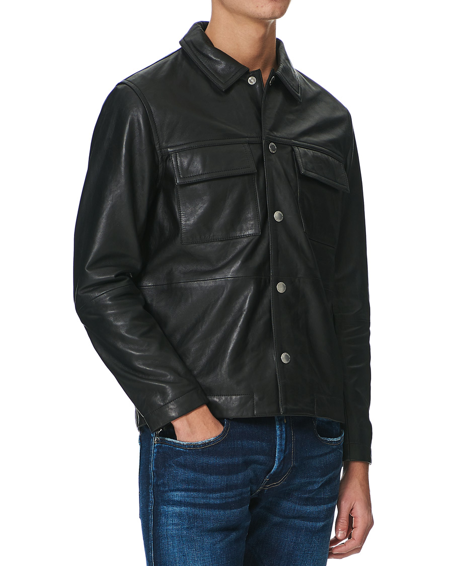 Hombres | Camisas | J.Lindeberg | Lenox Lambsnappa Leather Overshirt Black