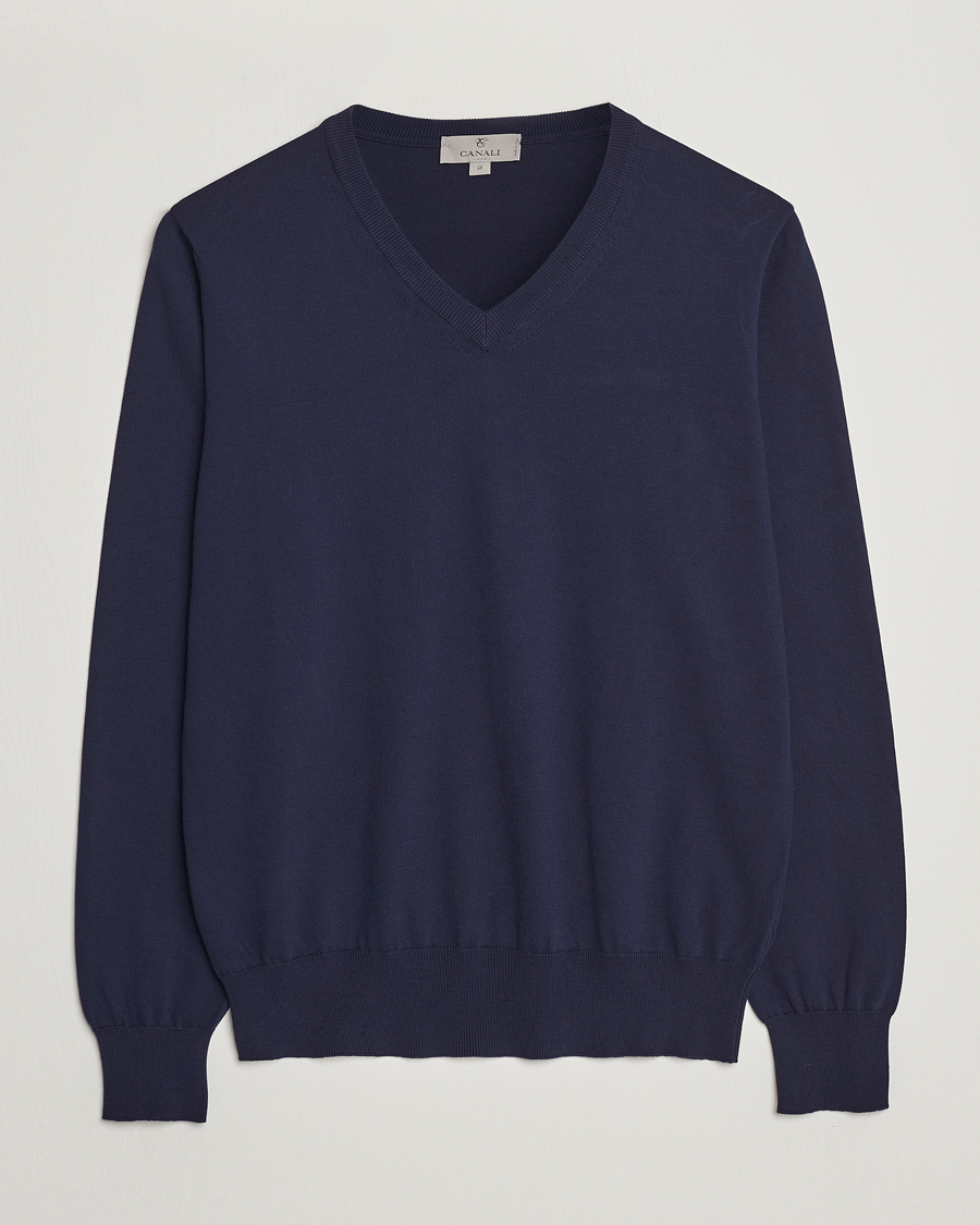 Hombres | Jerséis y prendas de punto | Canali | Cotton V-Neck Pullover Navy