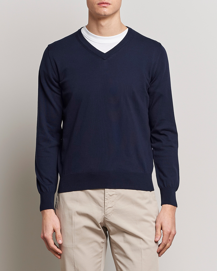 Hombres | Jerséis y prendas de punto | Canali | Cotton V-Neck Pullover Navy