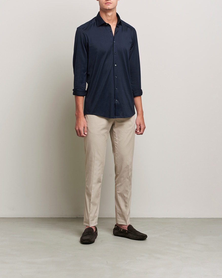 Hombres | Camisas | Stenströms | Slimline Jersey Button Down Shirt Navy