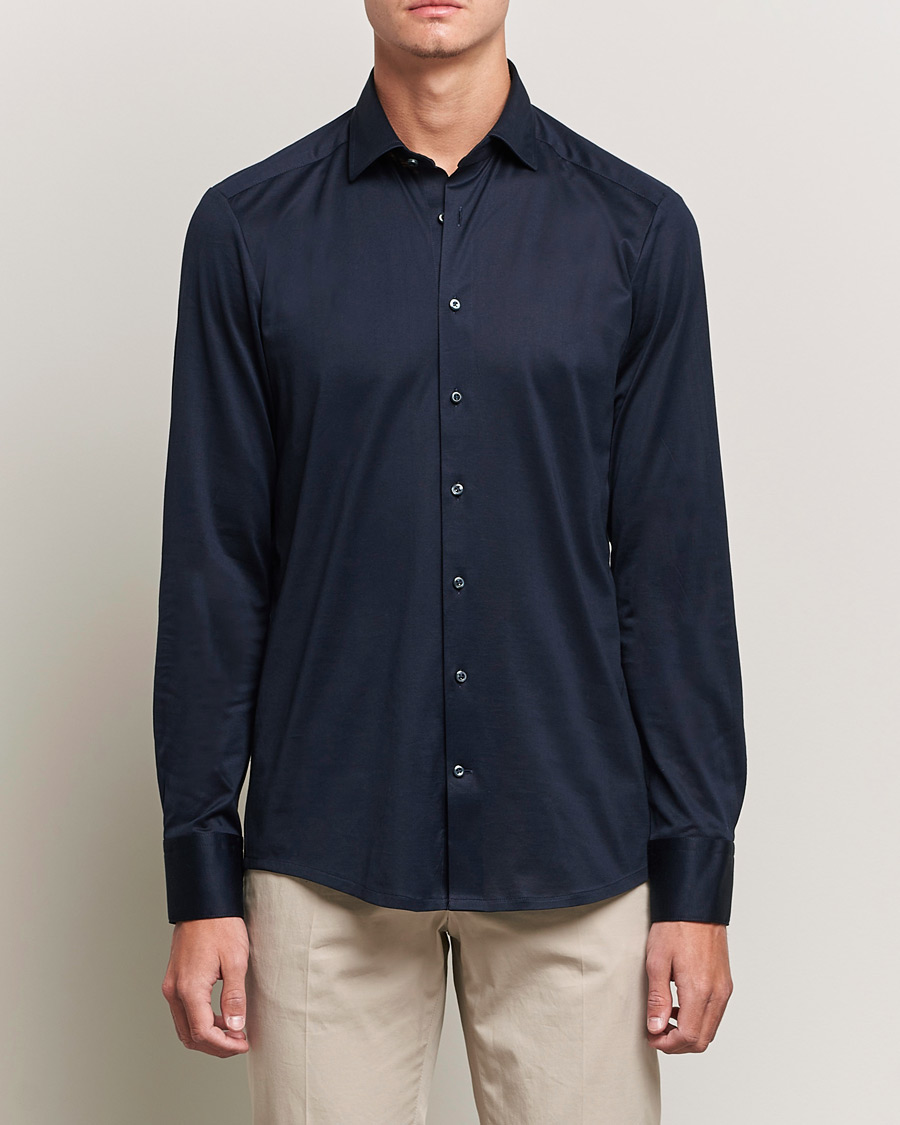 Hombres | Camisas | Stenströms | Slimline Jersey Button Down Shirt Navy