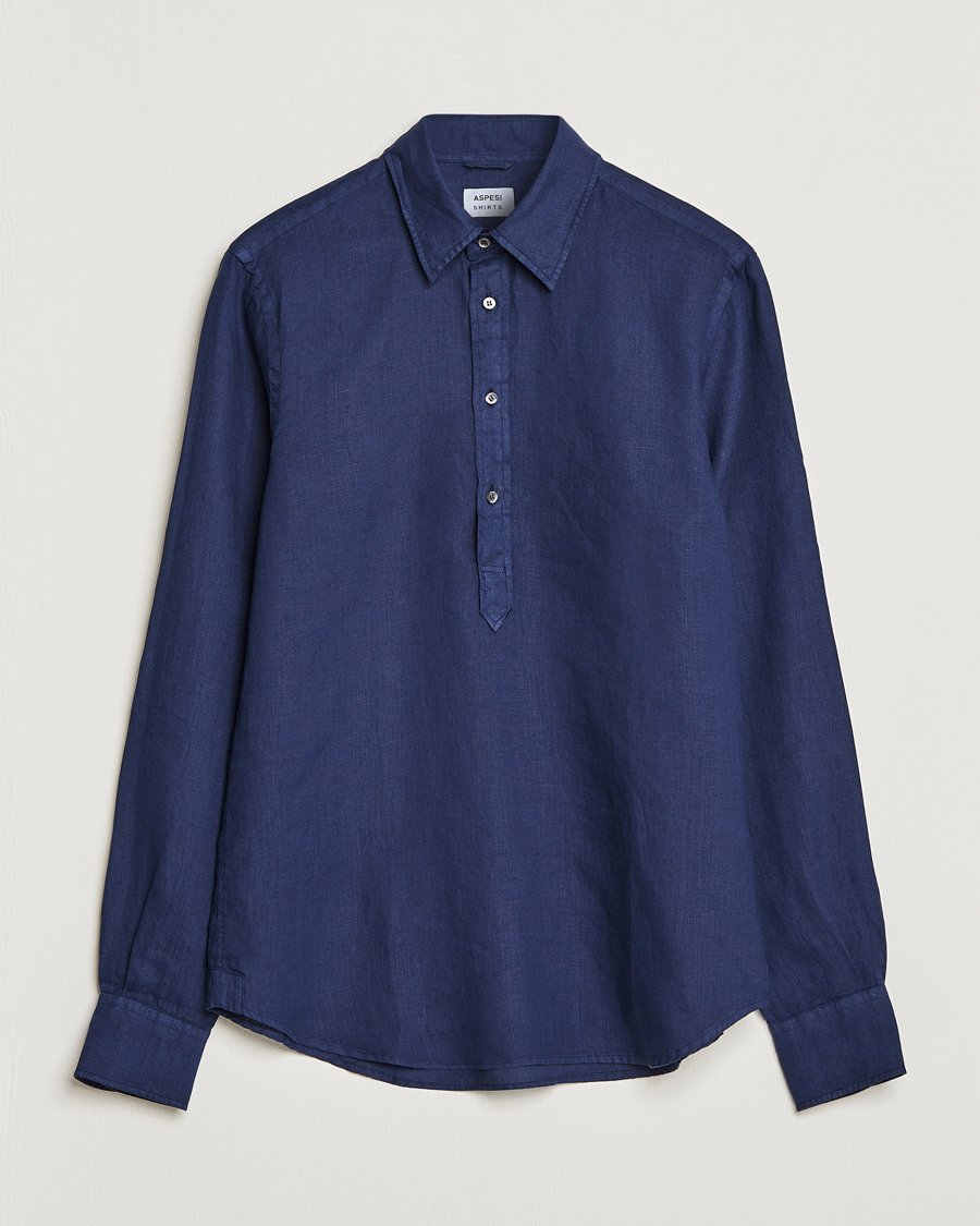 Hombres | Camisas | Aspesi | Linen Popover Shirt Dark Blue