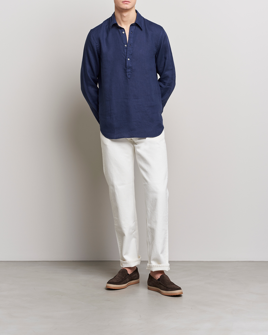 Hombres | Camisas | Aspesi | Linen Popover Shirt Dark Blue
