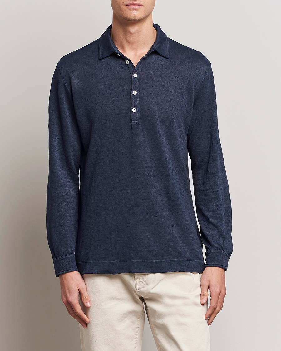 Hombres | Jerséis y prendas de punto | Massimo Alba | Raya Long Sleeve Linen Polo Navy