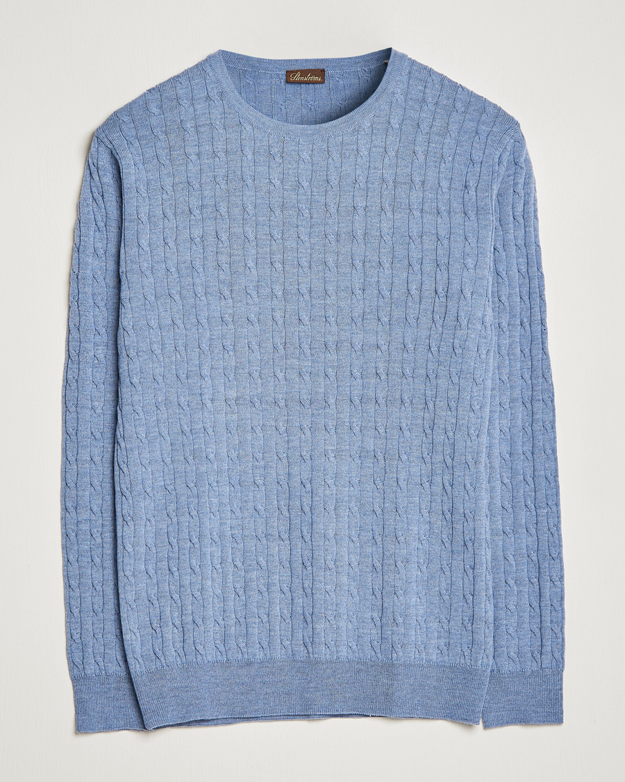 Hombres | Jerséis y prendas de punto | Stenströms | Merino Cable Crew Neck Light Blue