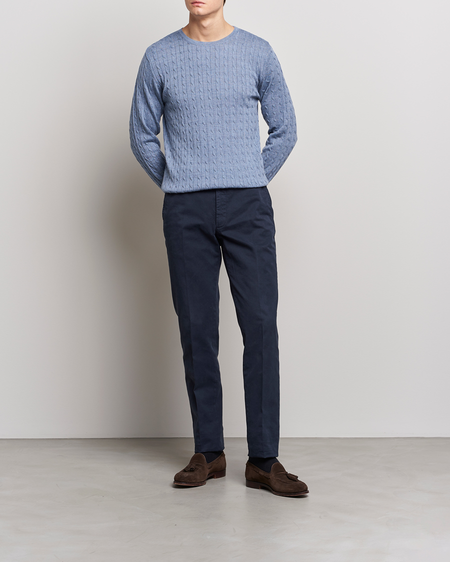 Hombres | Jerséis y prendas de punto | Stenströms | Merino Cable Crew Neck Light Blue