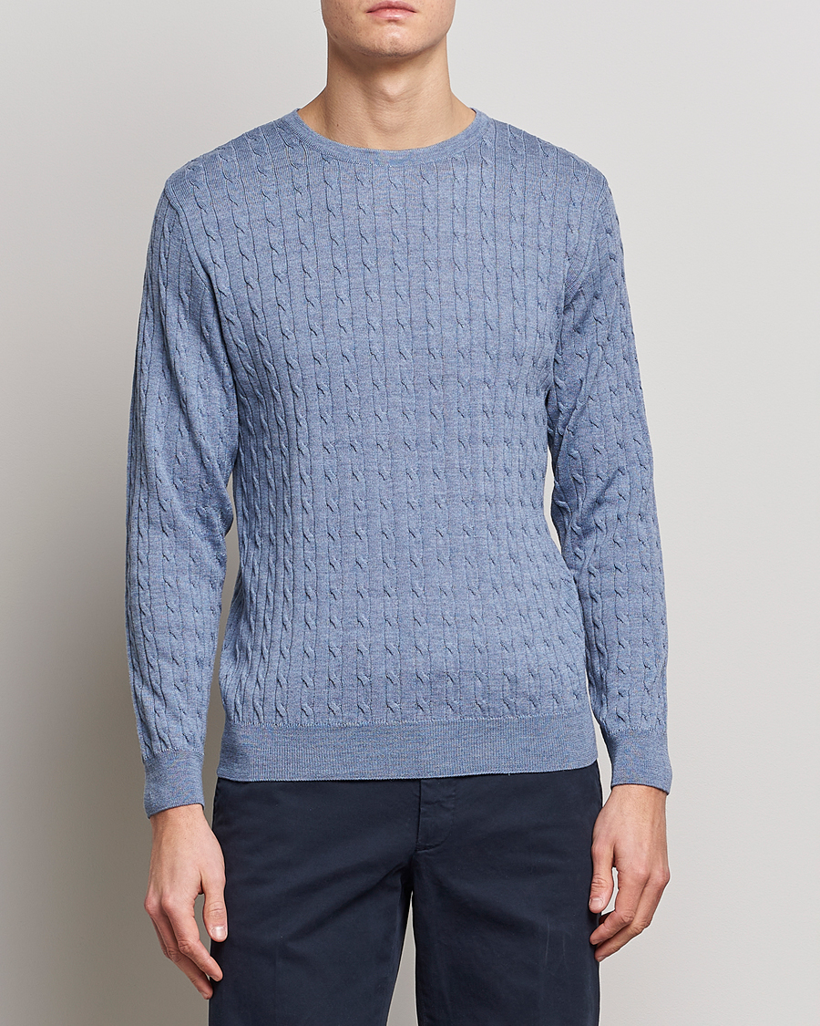 Hombres | Jerséis y prendas de punto | Stenströms | Merino Cable Crew Neck Light Blue