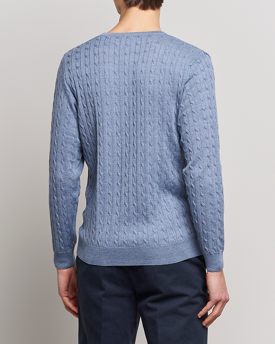 Hombres | Jerséis y prendas de punto | Stenströms | Merino Cable Crew Neck Light Blue