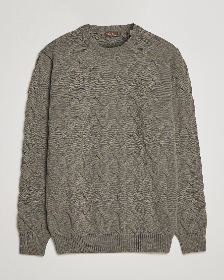 Hombres | Jerséis y prendas de punto | Stenströms | Heavy Cable Merino Crew Neck Olive