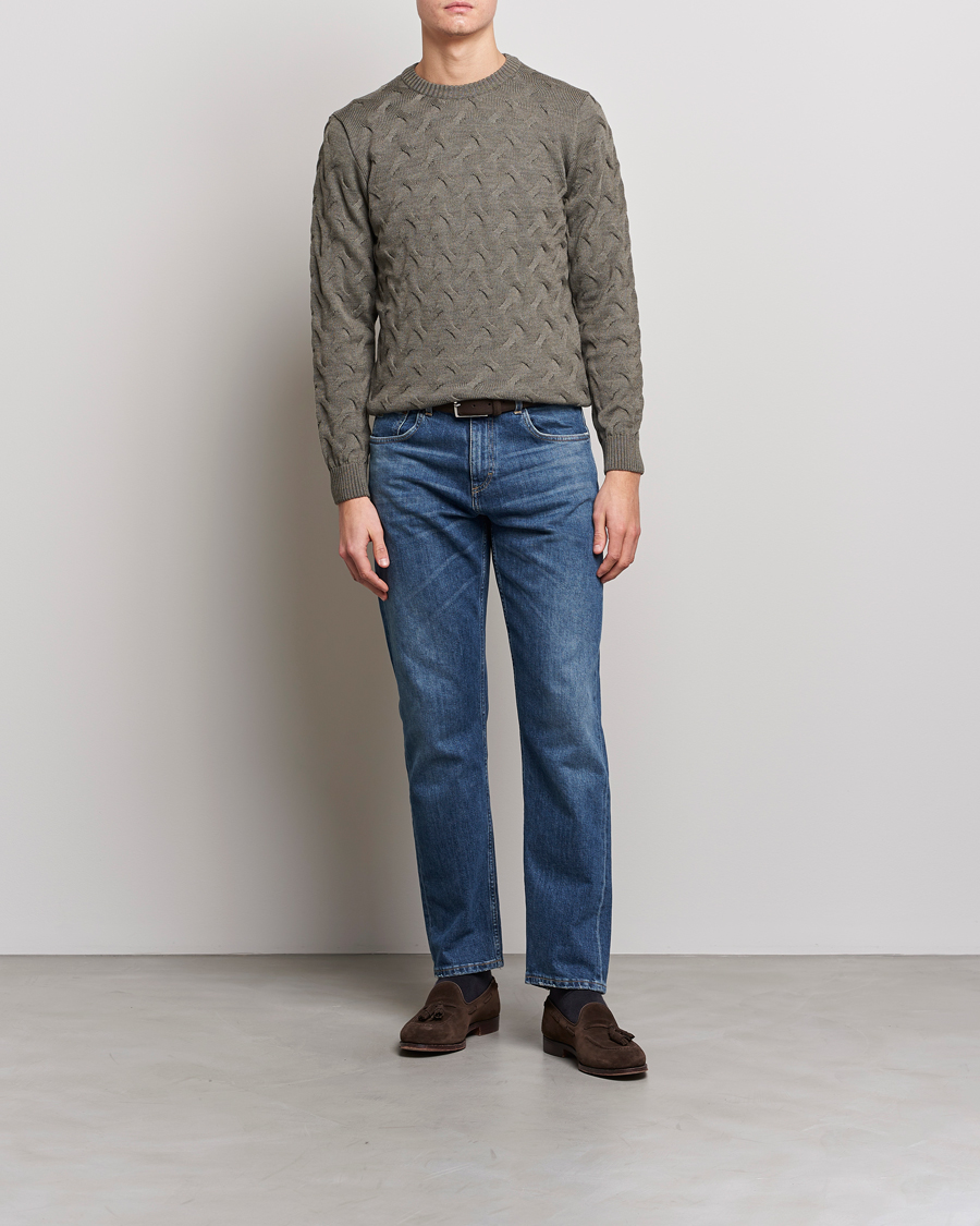 Hombres | Jerséis y prendas de punto | Stenströms | Heavy Cable Merino Crew Neck Olive