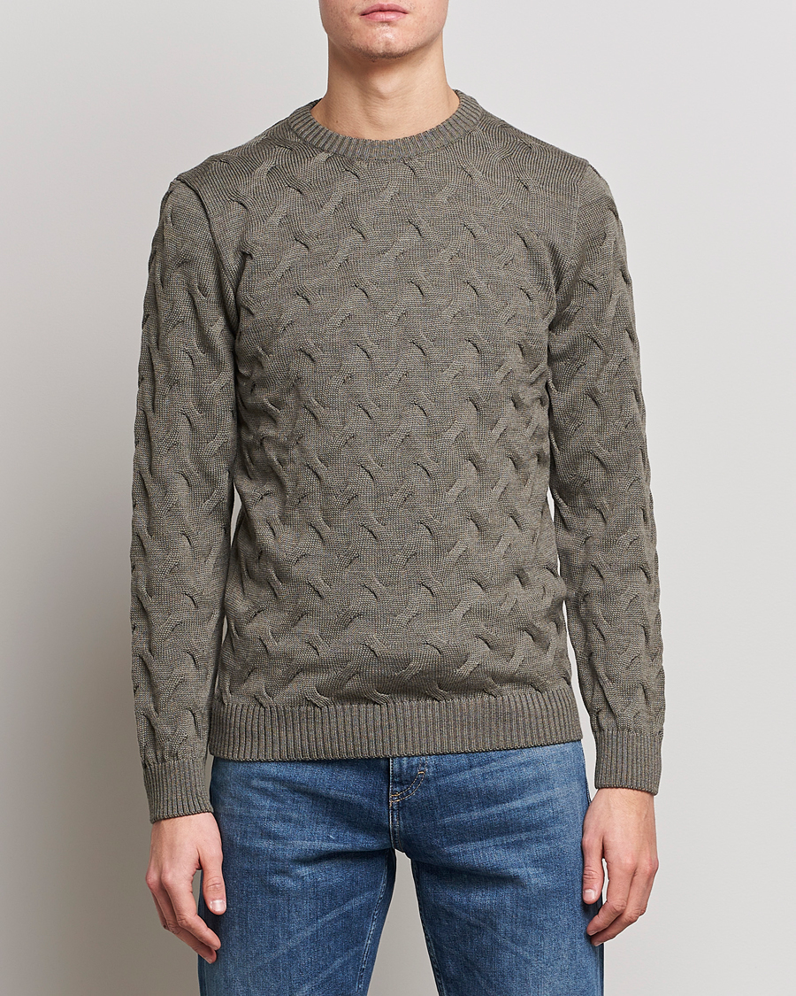 Hombres |  | Stenströms | Heavy Cable Merino Crew Neck Olive