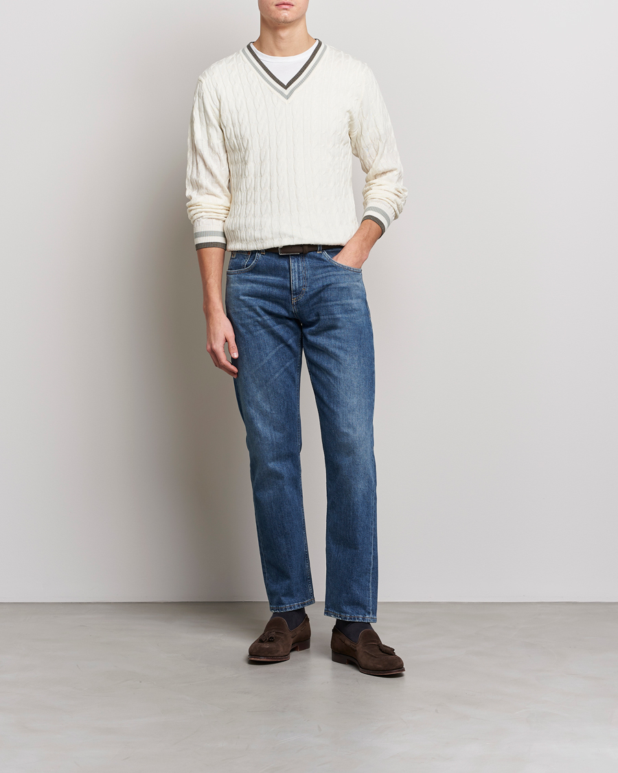 Hombres | Jerséis y prendas de punto | Stenströms | Contrast Merino Cable V-Neck White