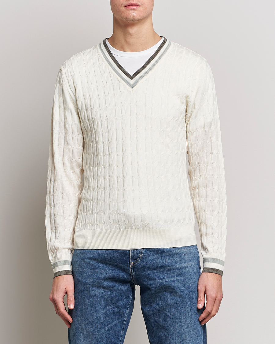 Hombres | Jerséis y prendas de punto | Stenströms | Contrast Merino Cable V-Neck White