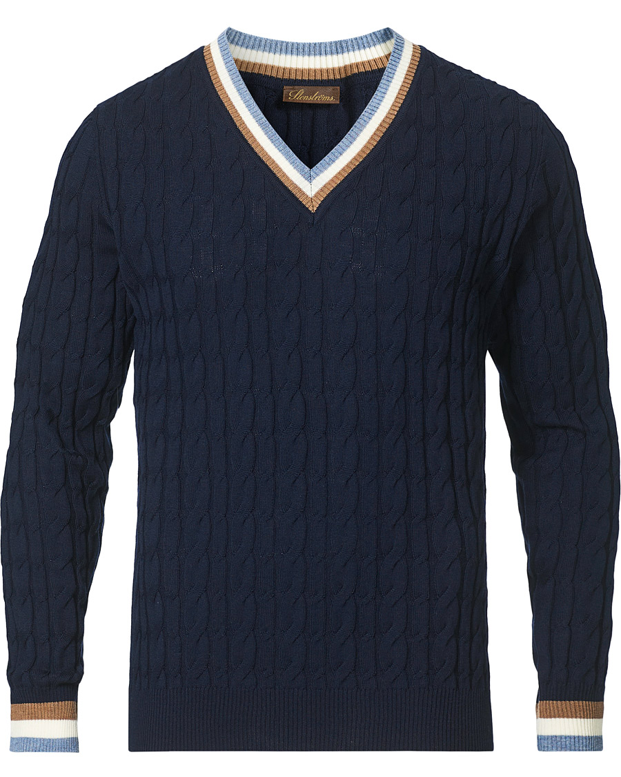 Hombres | Jerséis y prendas de punto | Stenströms | Contast Merino Cable V-Neck Navy