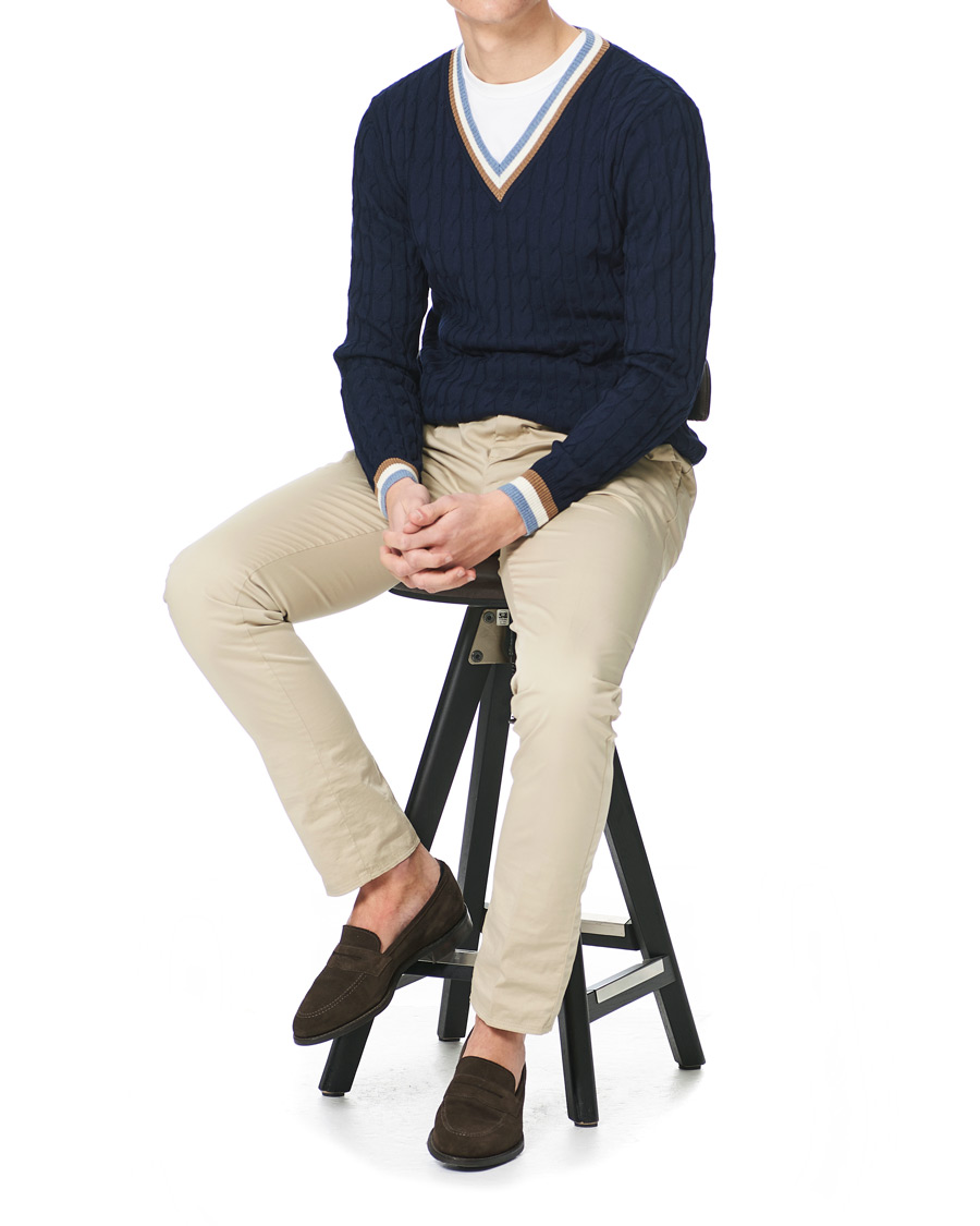 Hombres | Jerséis y prendas de punto | Stenströms | Contast Merino Cable V-Neck Navy
