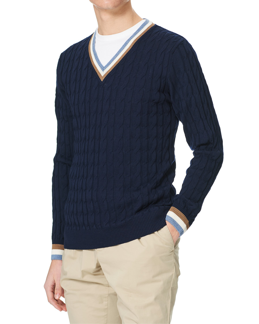 Hombres | Jerséis y prendas de punto | Stenströms | Contast Merino Cable V-Neck Navy