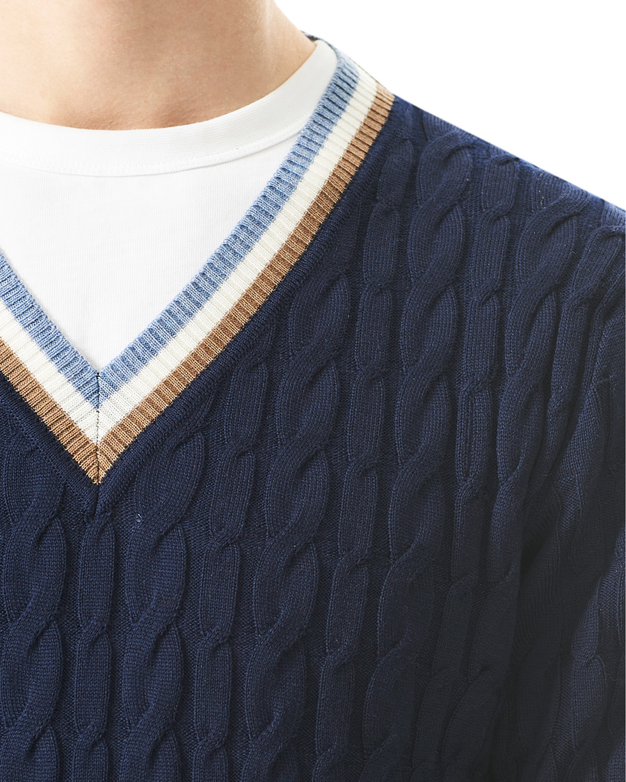 Hombres | Jerséis y prendas de punto | Stenströms | Contast Merino Cable V-Neck Navy
