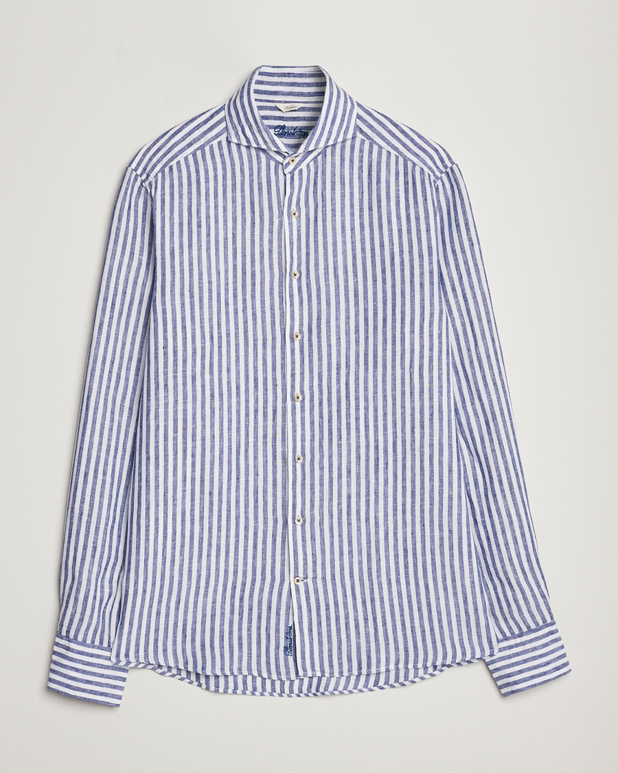 Hombres | Camisas | Stenströms | Slimline Cut Away Striped Linen Shirt Blue