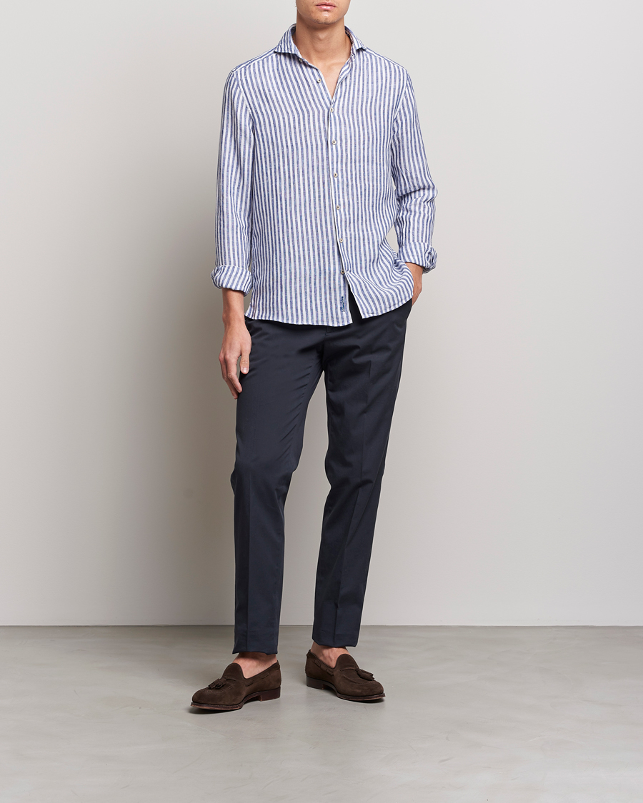 Hombres | Camisas | Stenströms | Slimline Cut Away Striped Linen Shirt Blue