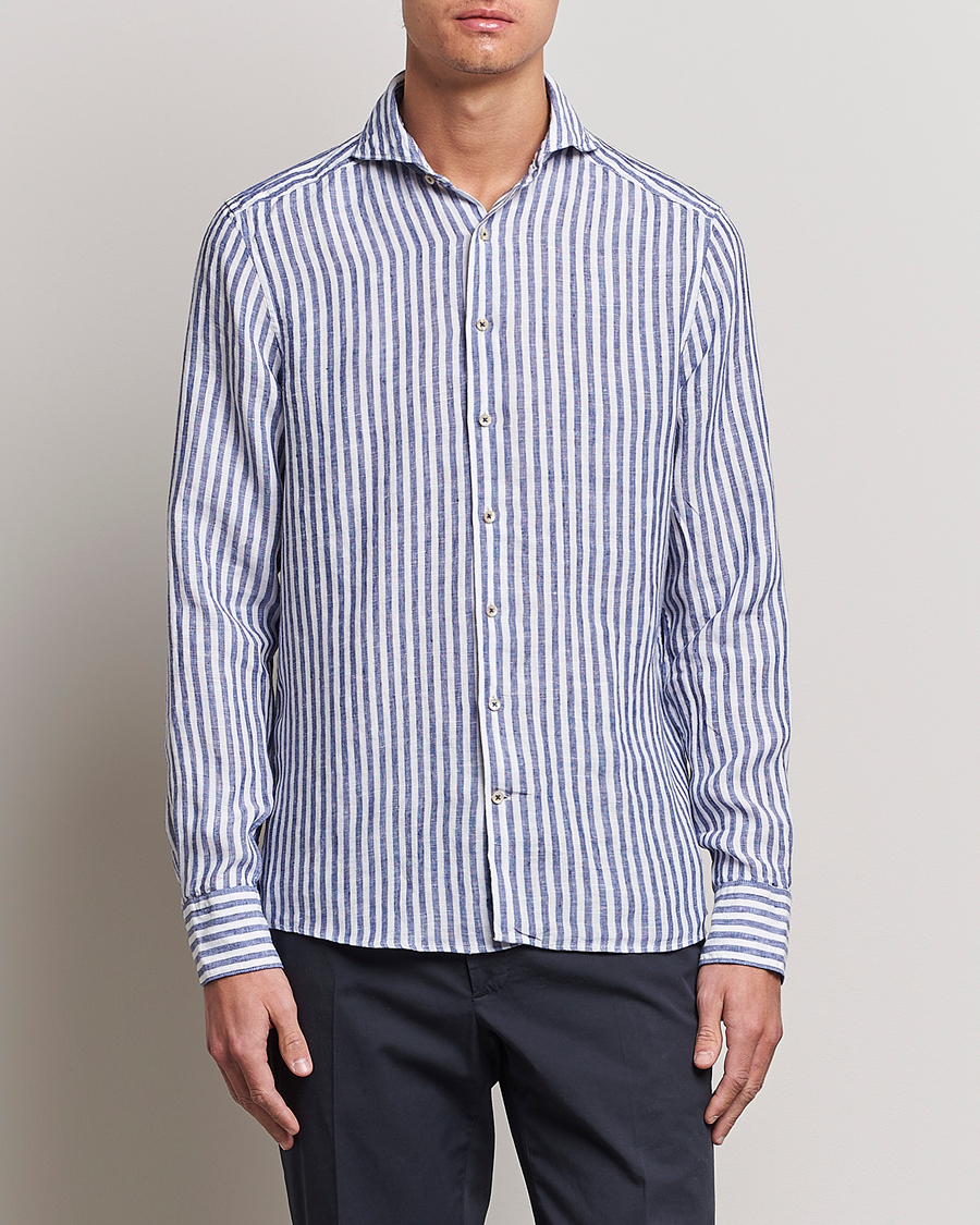 Hombres | Camisas | Stenströms | Slimline Cut Away Striped Linen Shirt Blue