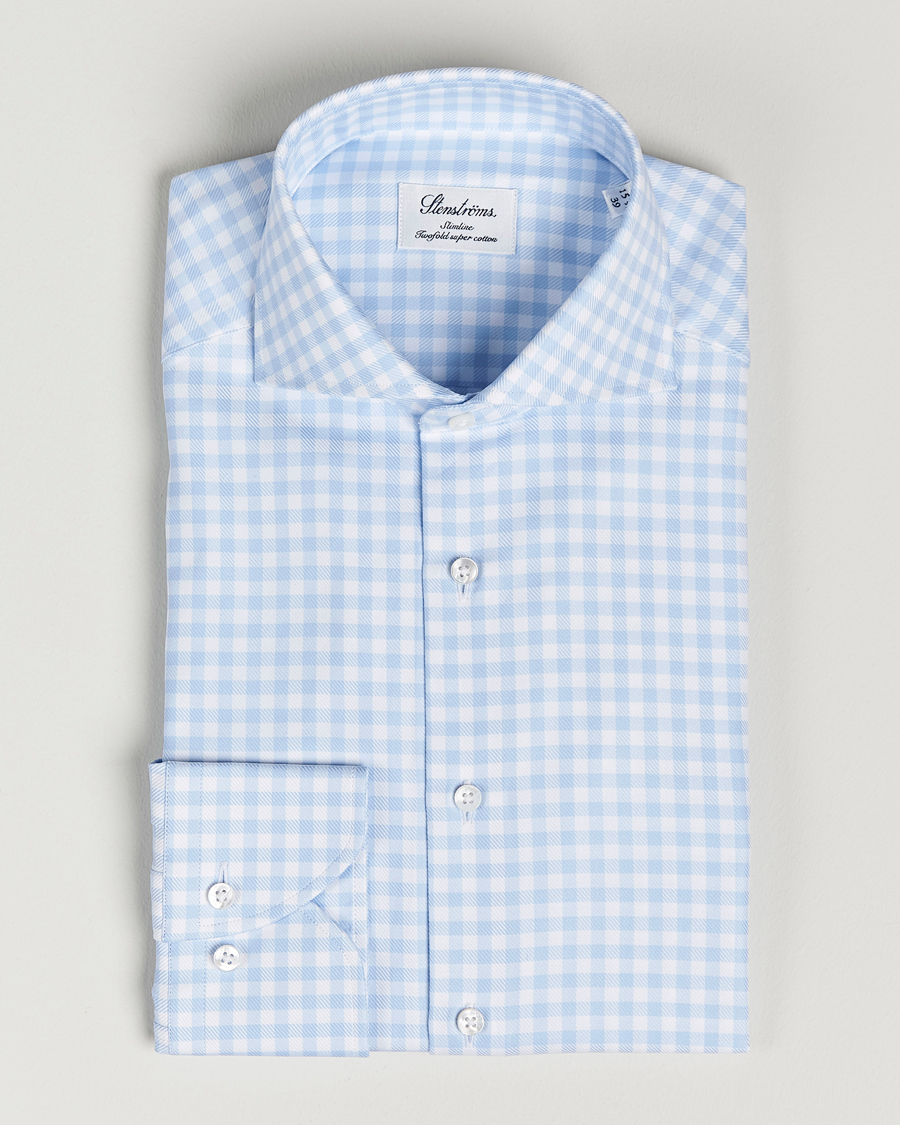Hombres | Camisas | Stenströms | Slimline Checked Cut Away Shirt Light Blue