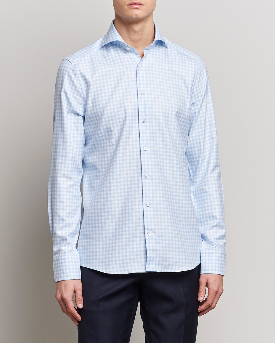 Hombres | Camisas | Stenströms | Slimline Checked Cut Away Shirt Light Blue