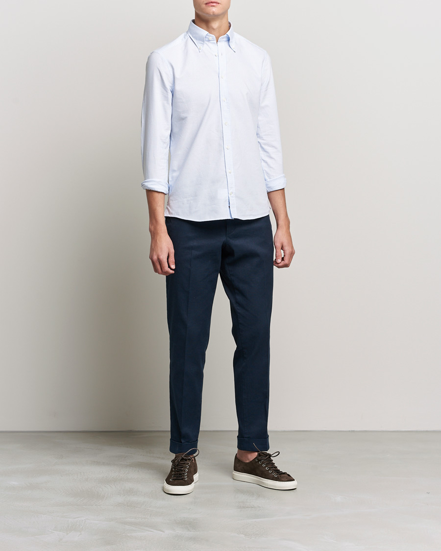 Hombres | Camisas | Stenströms | Slimline Washed Striped Oxford Shirt Light Blue