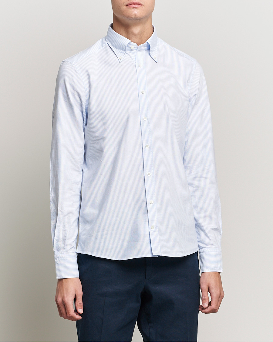 Hombres | Camisas oxford | Stenströms | Slimline Washed Striped Oxford Shirt Light Blue