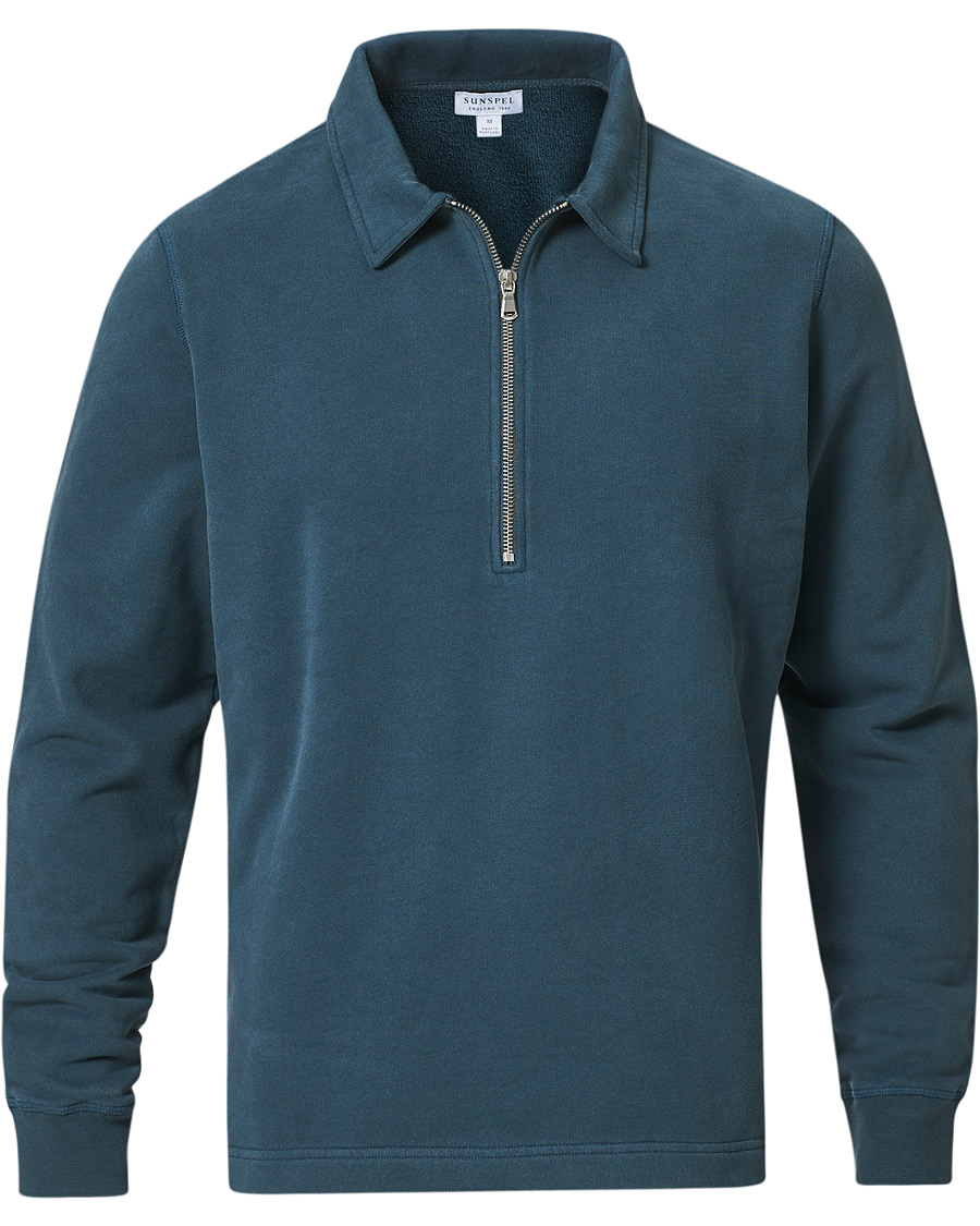 Hombres | Jerséis y prendas de punto | Sunspel | Zip Polo Sweatshirt Dark Petrol