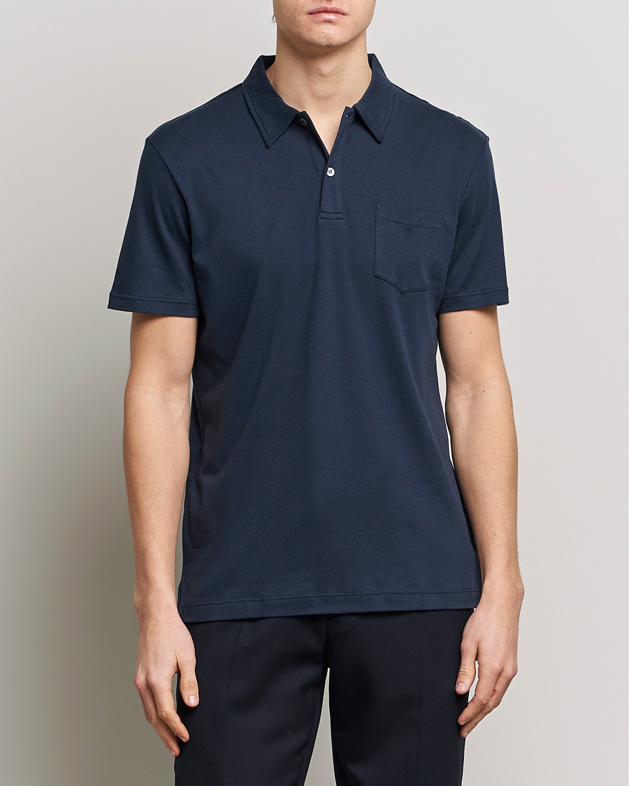 Hombres | Polos | Sunspel | Sea Island Jersey Riviera Polo Navy