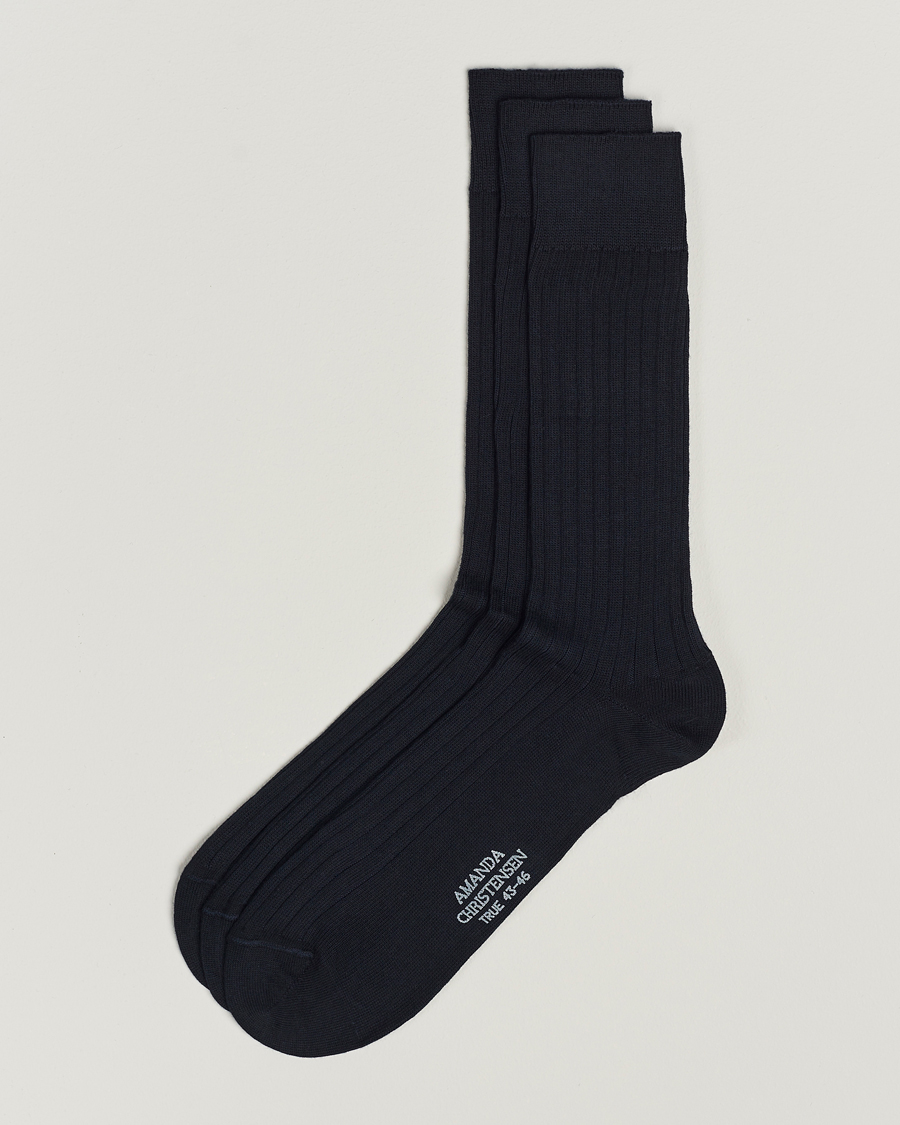 Hombres | Ropa interior y calcetines | Amanda Christensen | 3-Pack True Cotton Ribbed Socks Dark Navy
