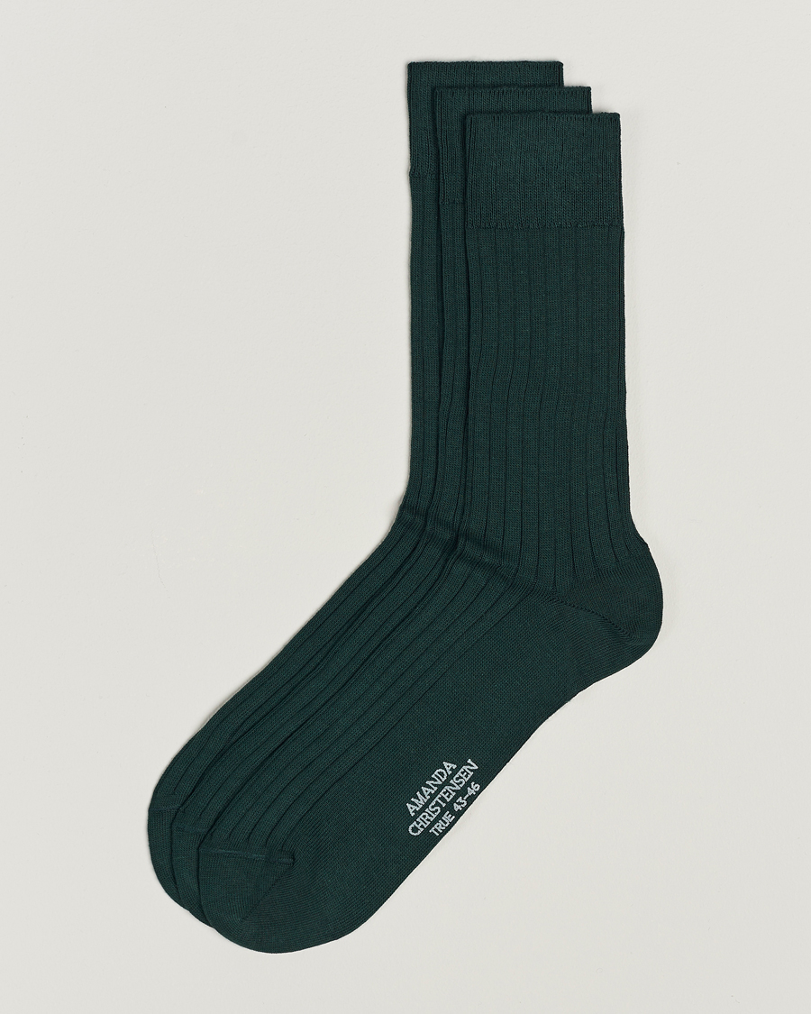 Hombres | Ropa interior y calcetines | Amanda Christensen | 3-Pack True Cotton Ribbed Socks Bottle Green