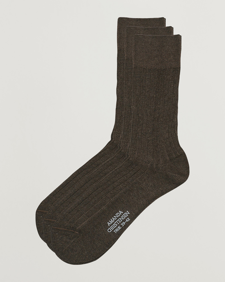 Hombres | Ropa interior y calcetines | Amanda Christensen | 3-Pack True Cotton Ribbed Socks Brown Melange