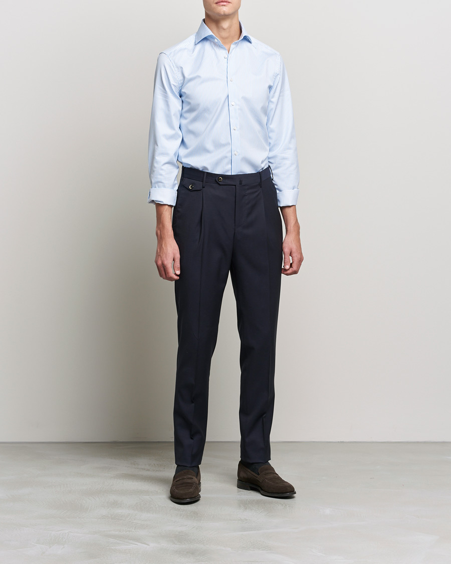 Hombres | Formal | Stenströms | Slimline Stripe Cut Away Shirt Light Blue