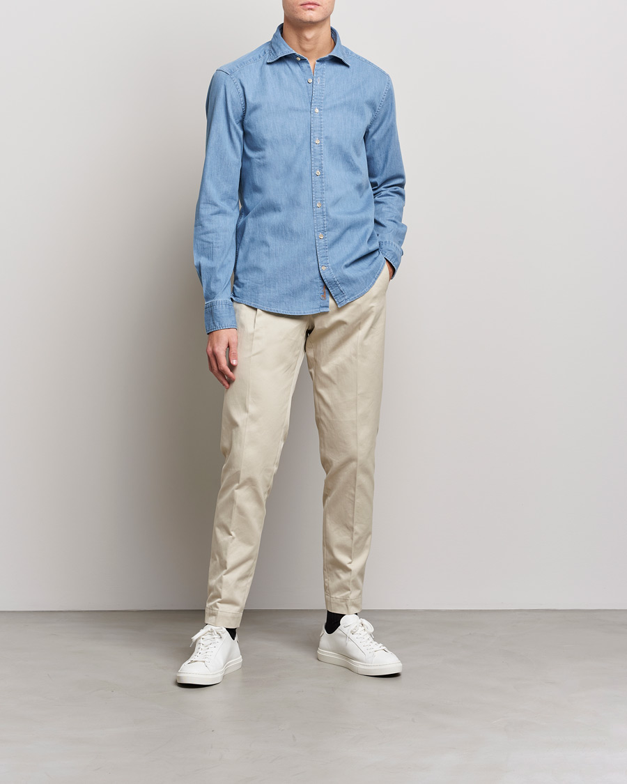 Hombres | Camisas | Stenströms | Slimline Garment Washed Shirt Light Denim