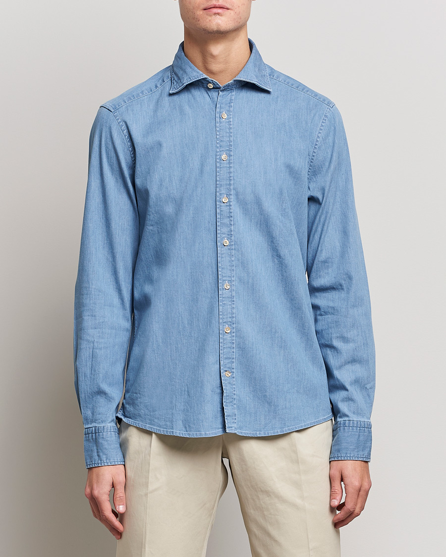 Hombres | Camisas | Stenströms | Slimline Garment Washed Shirt Light Denim