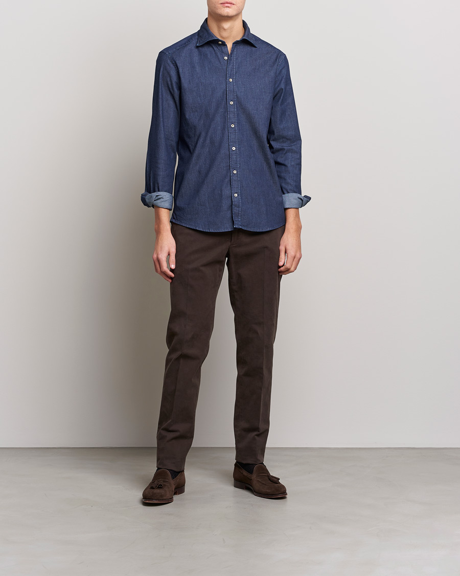 Hombres | Camisas | Stenströms | Slimline Garment Washed Shirt Dark Denim