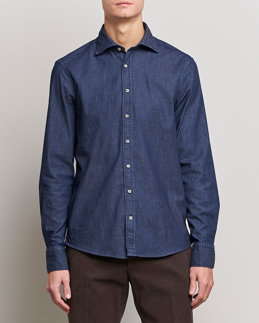 Hombres | Camisas | Stenströms | Slimline Garment Washed Shirt Dark Denim