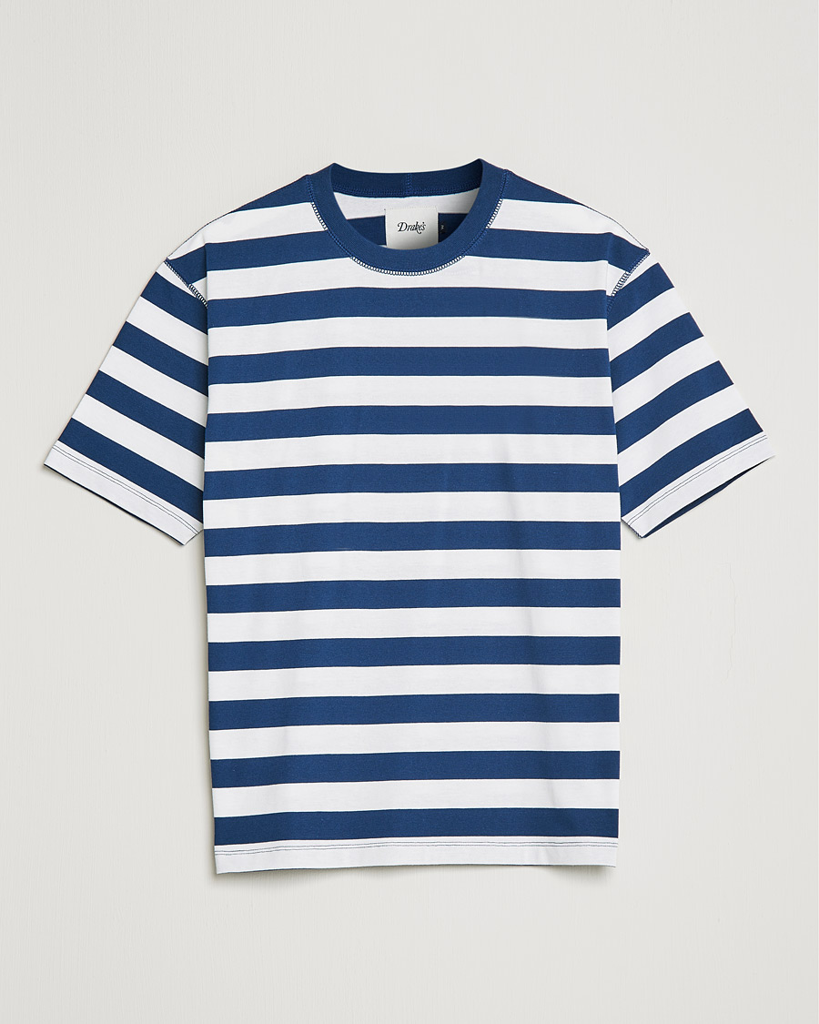 Hombres | Camisetas | Drake's | Striped Cotton Hiking Tee White/Navy