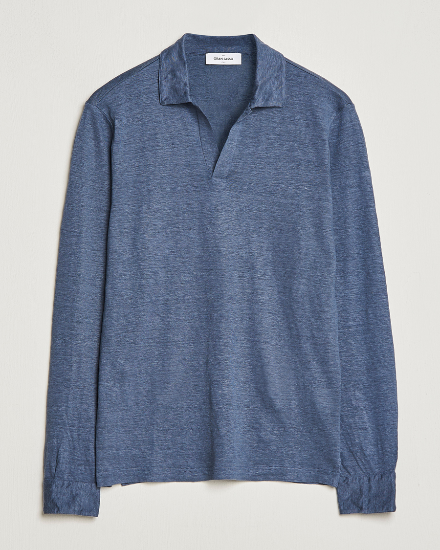 Hombres | Jerséis y prendas de punto | Gran Sasso | Washed Linen Long Sleeve Polo Blue Melange