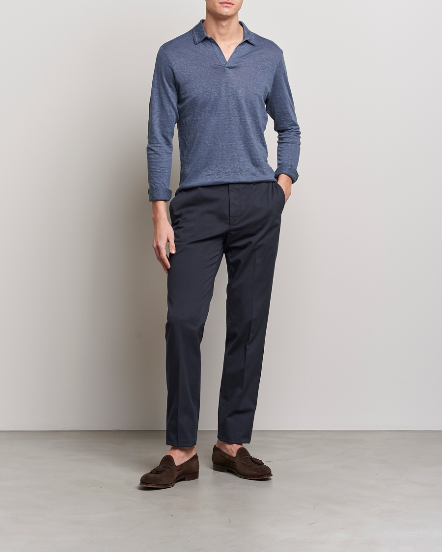 Hombres | Jerséis y prendas de punto | Gran Sasso | Washed Linen Long Sleeve Polo Blue Melange