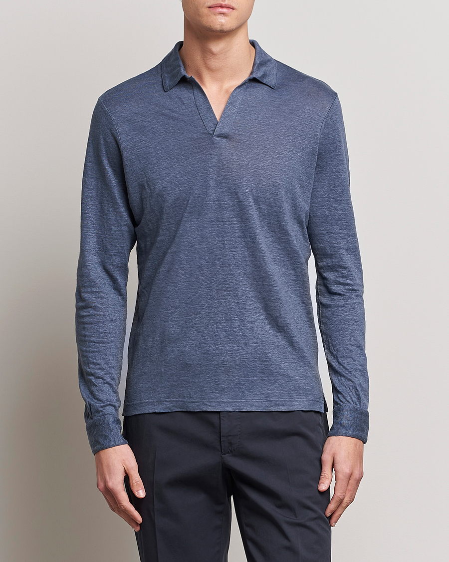 Hombres | Jerséis y prendas de punto | Gran Sasso | Washed Linen Long Sleeve Polo Blue Melange