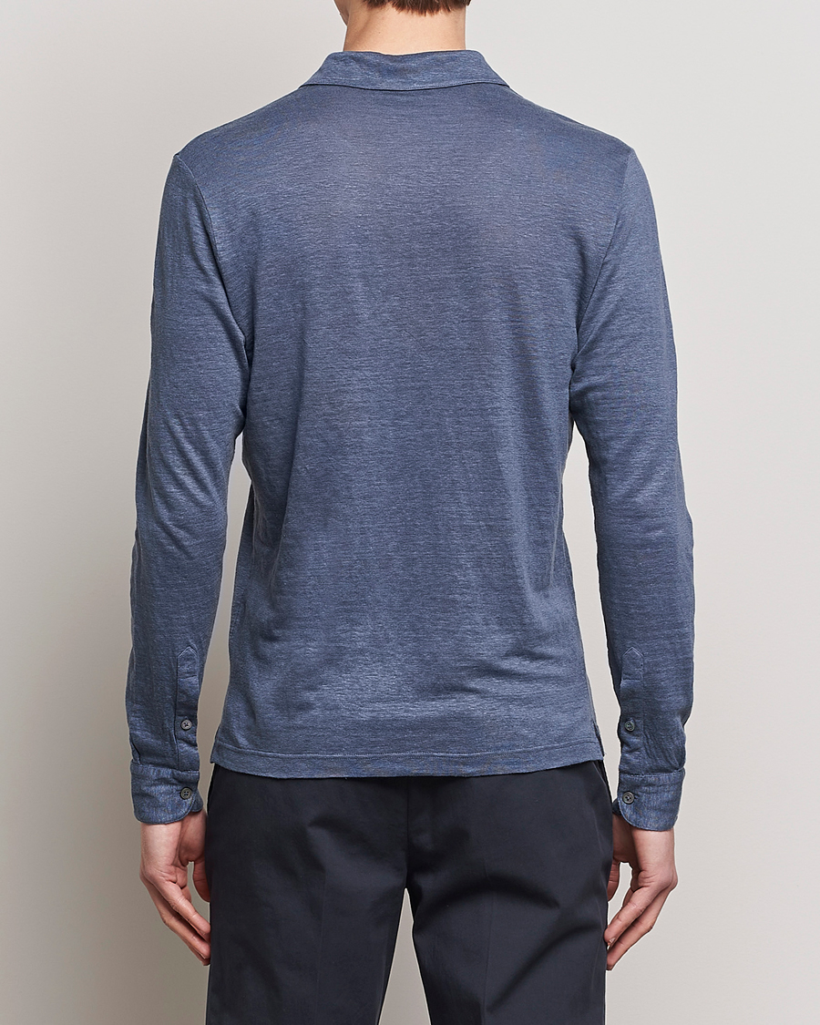 Hombres | Jerséis y prendas de punto | Gran Sasso | Washed Linen Long Sleeve Polo Blue Melange