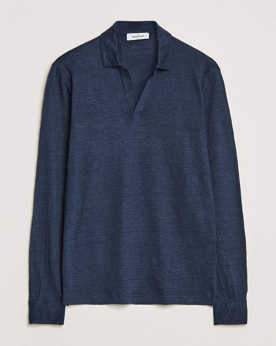 Hombres | Polos | Gran Sasso | Washed Linen Long Sleeve Polo Navy Melange