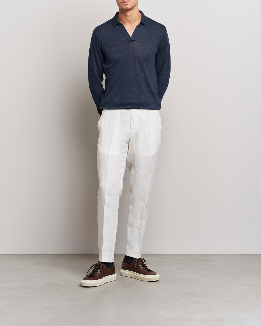 Hombres | Polos | Gran Sasso | Washed Linen Long Sleeve Polo Navy Melange