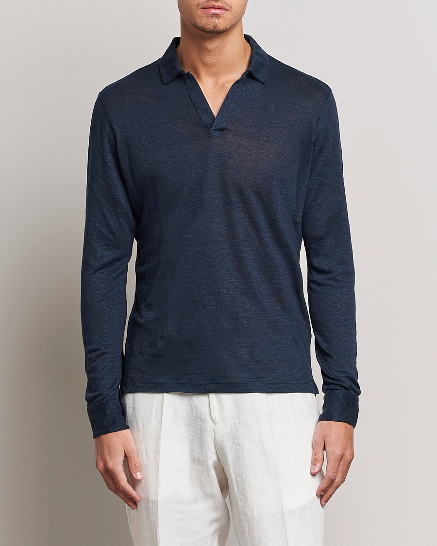 Hombres | Polos | Gran Sasso | Washed Linen Long Sleeve Polo Navy Melange